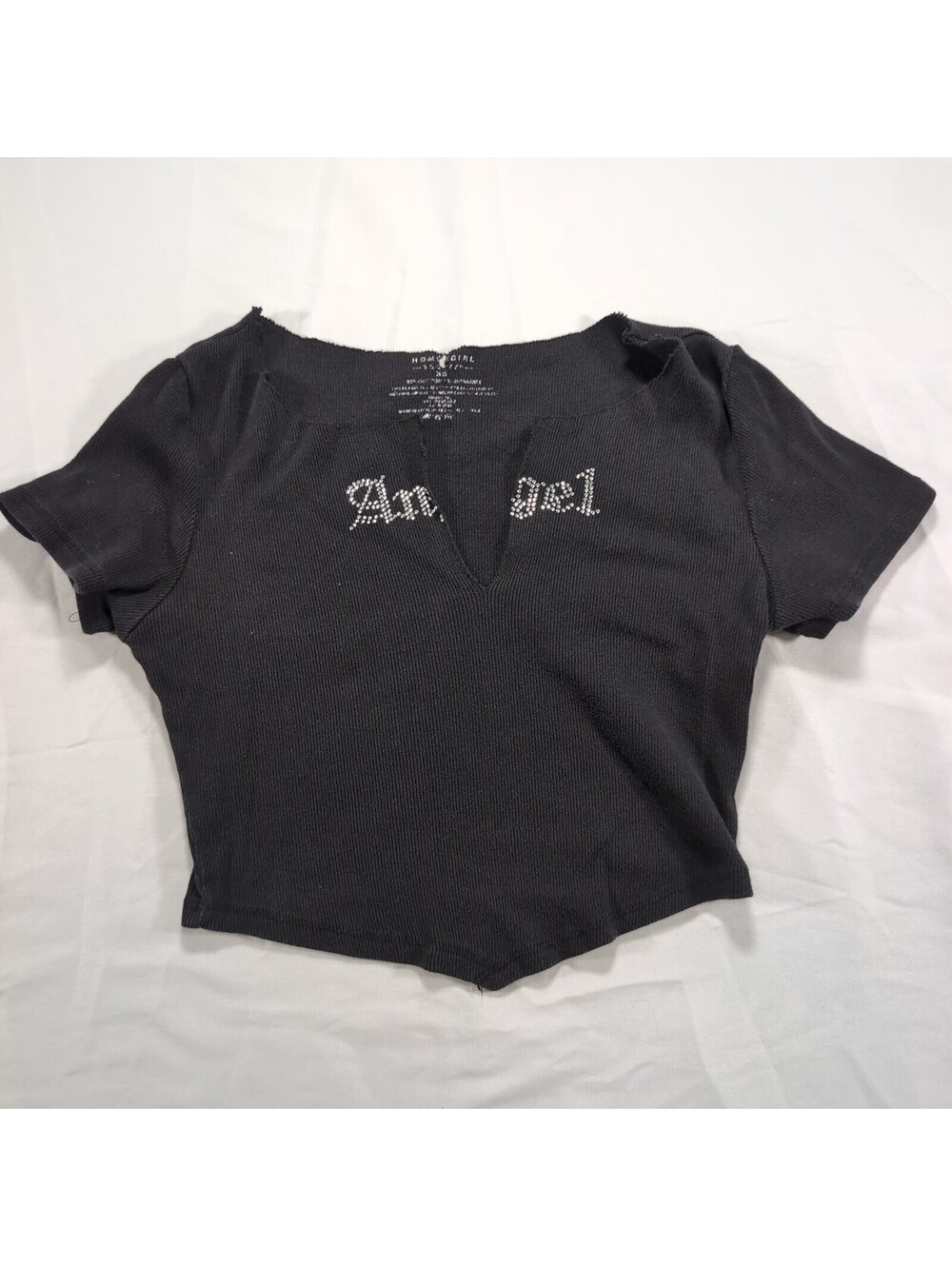 Homegirl Black "Angel" Rhinestone Split Neck Crop Top – Size XS